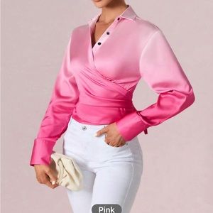 Ombré Tie Dye Classic Elegant Wrap Up Self Tie Blouse Button Down Shirt Cropped